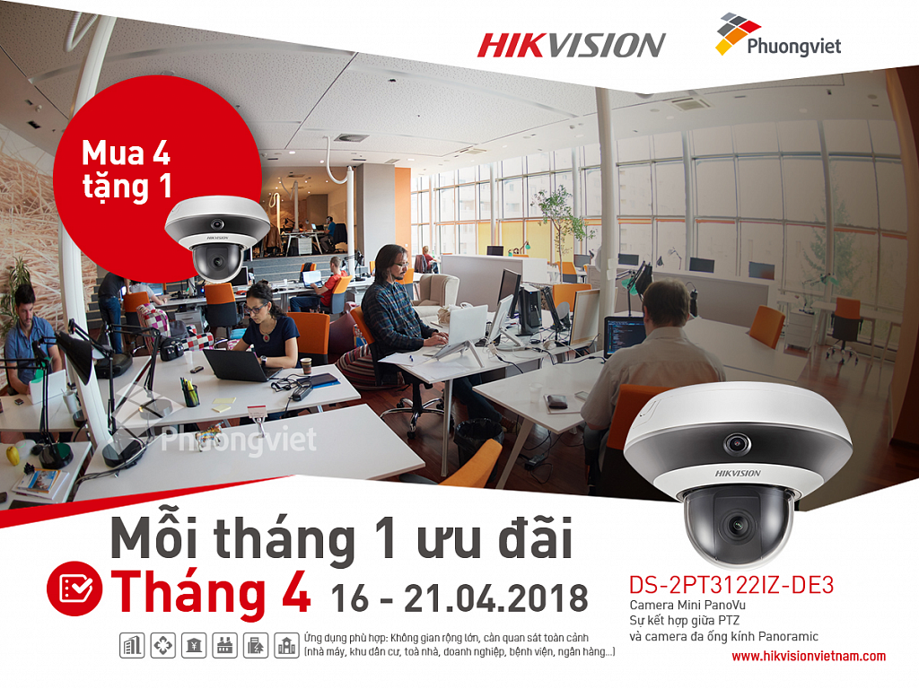 Ưu đãi tháng 4 từ HIKVISION - Phương Việt - Mua 4 tặng 1 với camera PanoVu DS-2PT3122IZ-DE3